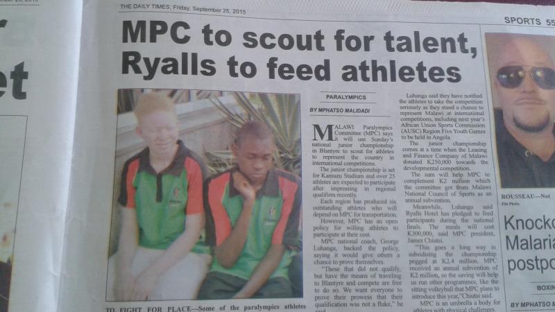 Malawi National Junior Para-Athletics Championships Newspaper article with photo showing two young boys